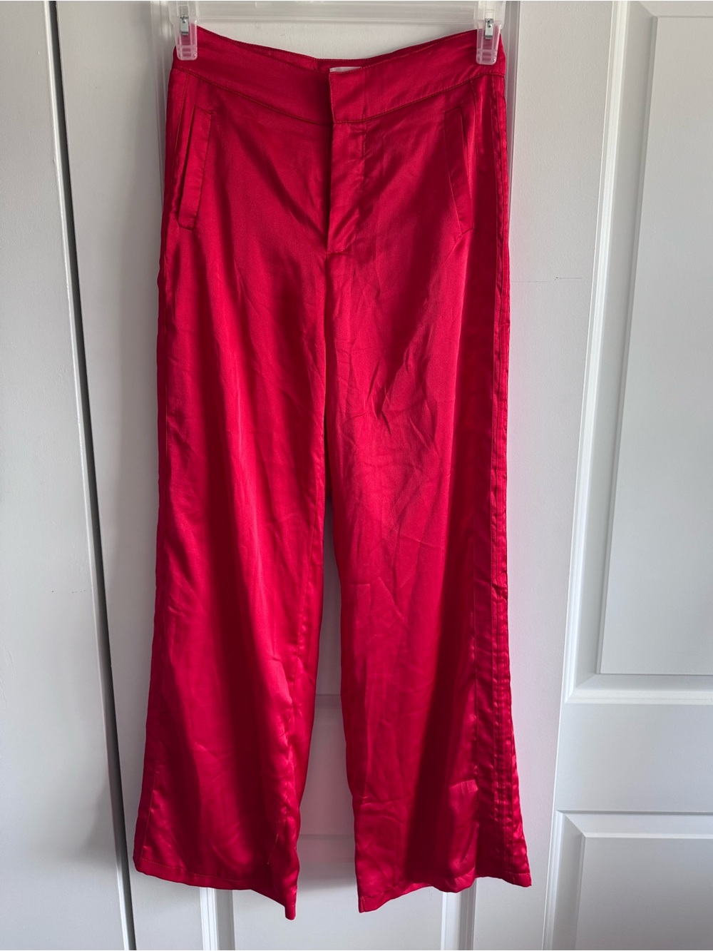 High-Rise Wide-Leg Satin Pants — Bright Red